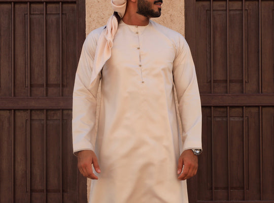 Premium Sand Beige Emirati Thobe With Embroidery by Al Aniq