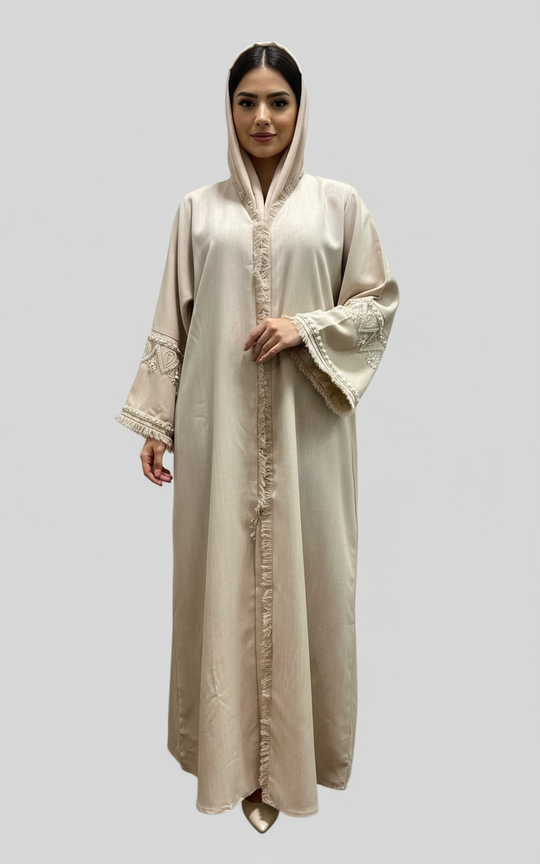 Linen Beaded Abaya with Hijab/ Scarf - Nude Blush