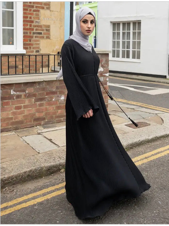 Pleated Abaya with Rope Belt in Black