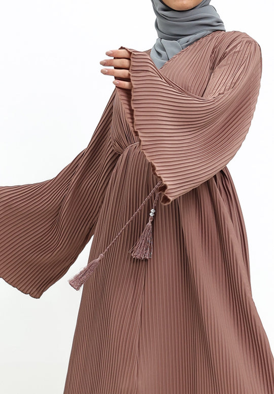 Pleated Abaya with Rope Belt in Mocha
