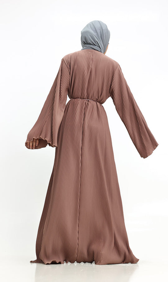 Pleated Abaya with Rope Belt in Mocha