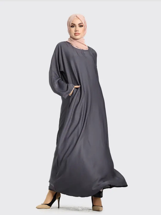 Plain Nida Grey Abaya with Zip Pockets- ZA151