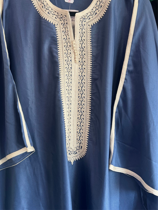 Moroccan Half Sleeve Thobe/ Jubba- Blue with Beige