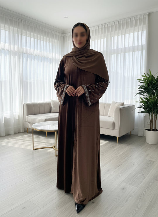 Elegant Velvet Open & close Abaya Brown