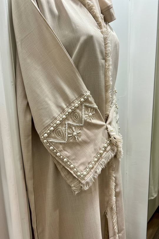 Linen Beaded Abaya with Hijab/ Scarf - Nude Blush