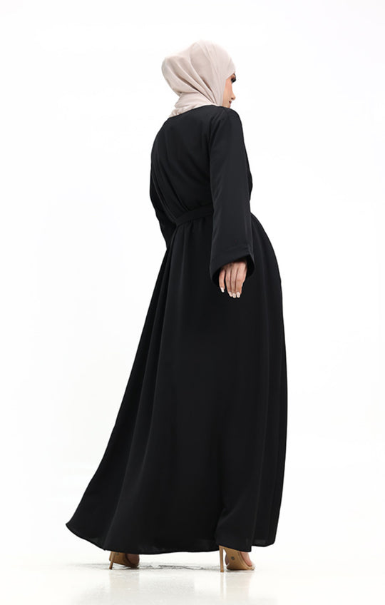 Fold Cuff Abaya with Belt and pockets - Black ZA414