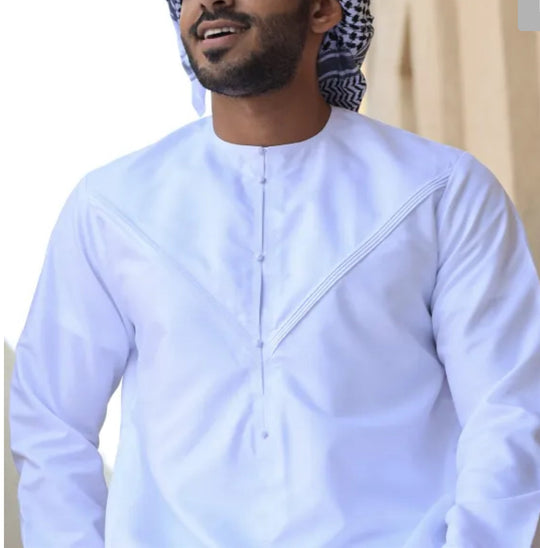 Luxury Pleated White Emirati Thobe by Al Aniq