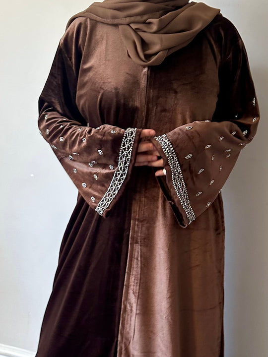 Elegant Velvet Open & close Abaya Brown