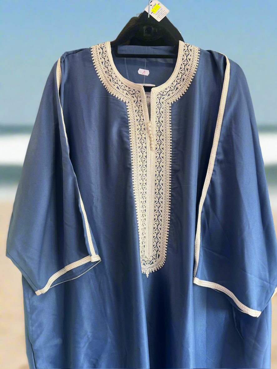 Moroccan Half Sleeve Thobe/ Jubba- Blue with Beige