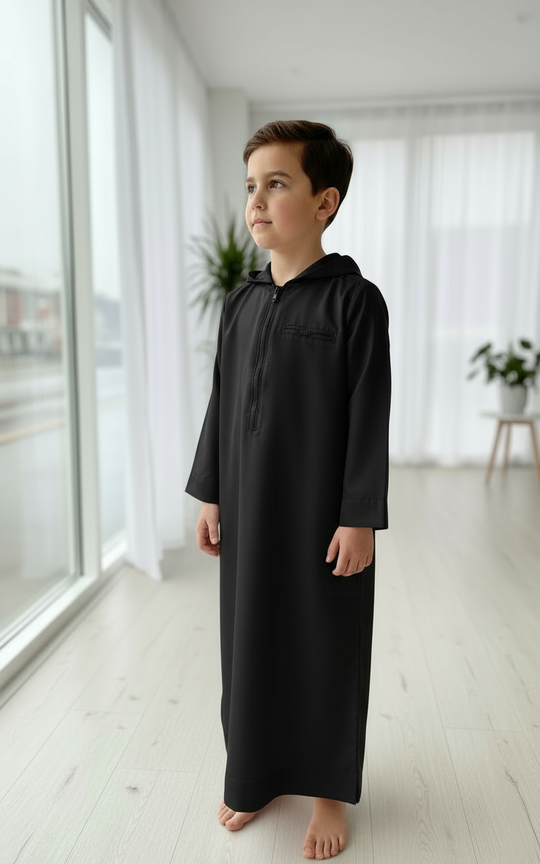 Boy’s Hooded Winter Thobe/Jubba with zip  - white