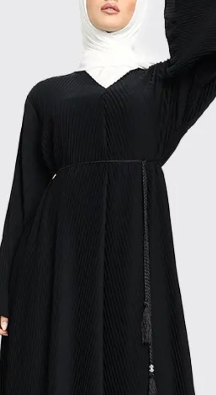 Pleated Abaya with Rope Belt in Black