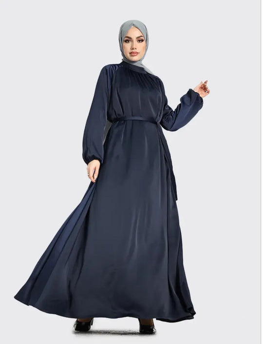 Mock Neck Satin Abaya - Navy