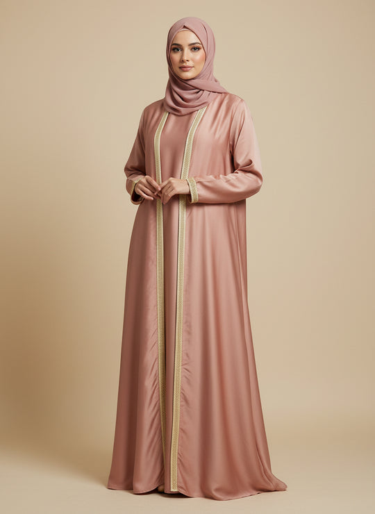 Alya Satin Abaya set in pink and beige