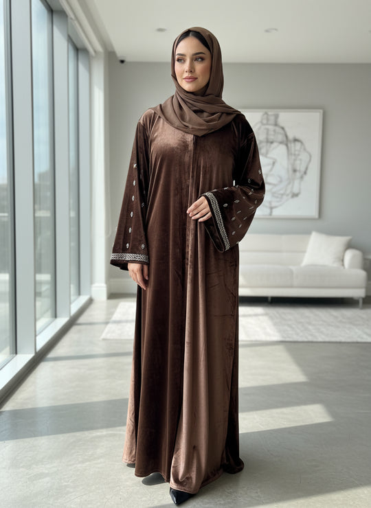 Elegant Velvet Open & close Abaya Brown