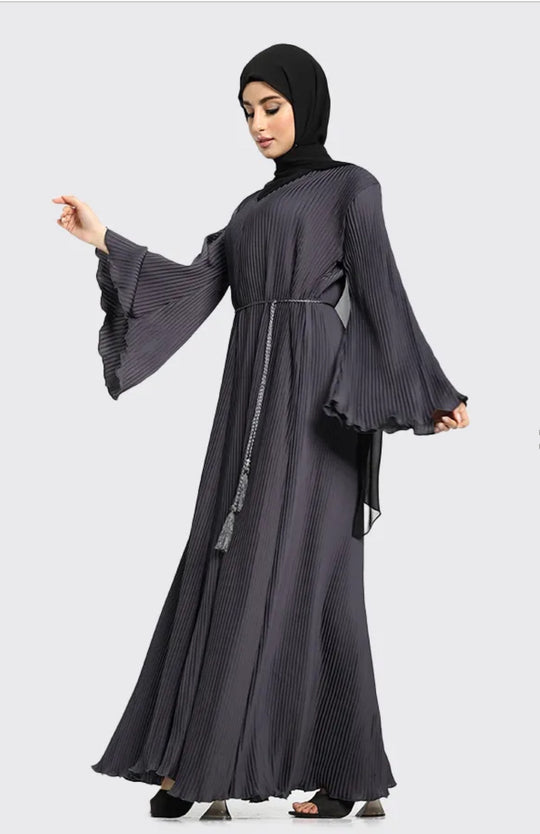 Pleated Abaya with Rope Belt in Grey