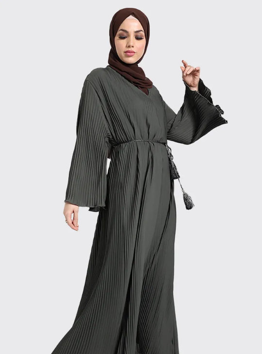 Pleated Abaya with Rope Belt in Khaki