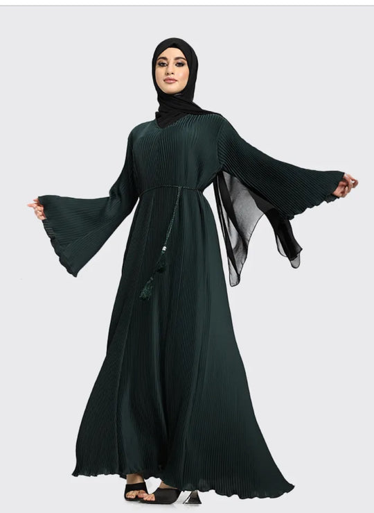 Pleated Abaya with Rope Belt in Green