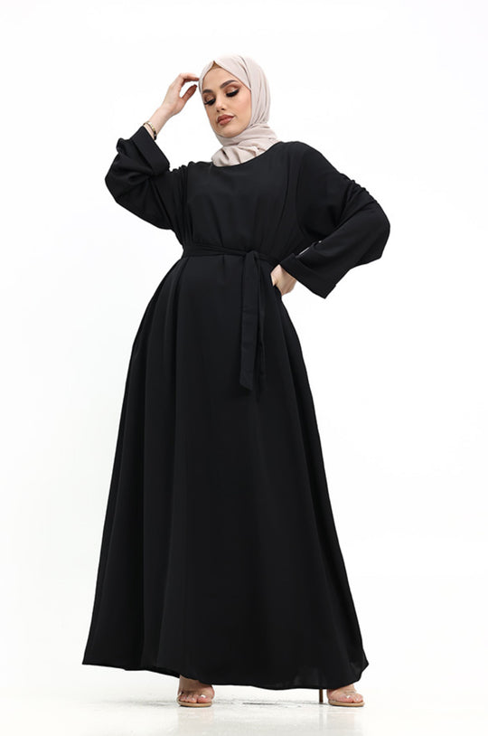 Fold Cuff Abaya with Belt and pockets - Black ZA414