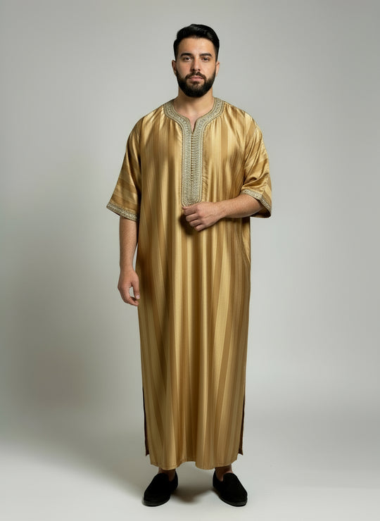 Moroccan Striped Half Sleeve Thobe/ Jubbah -Gold