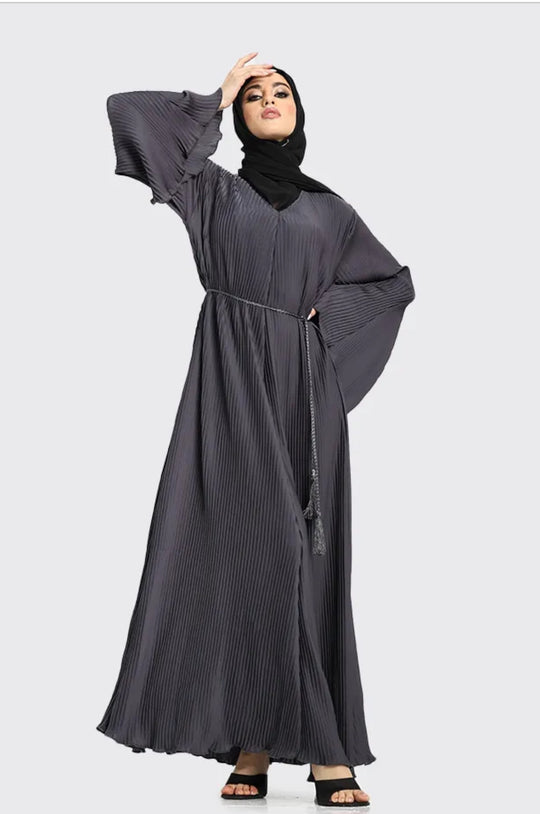 Pleated Abaya with Rope Belt in Grey