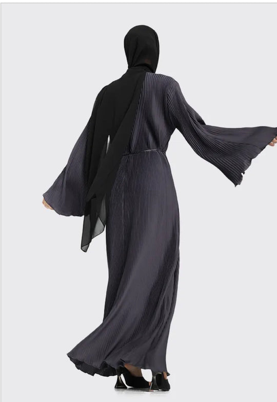 Pleated Abaya with Rope Belt in Grey