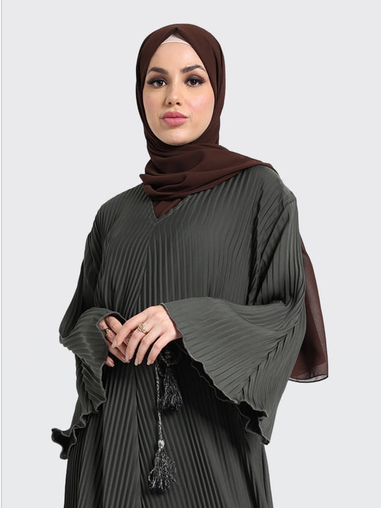 Pleated Abaya with Rope Belt in Khaki