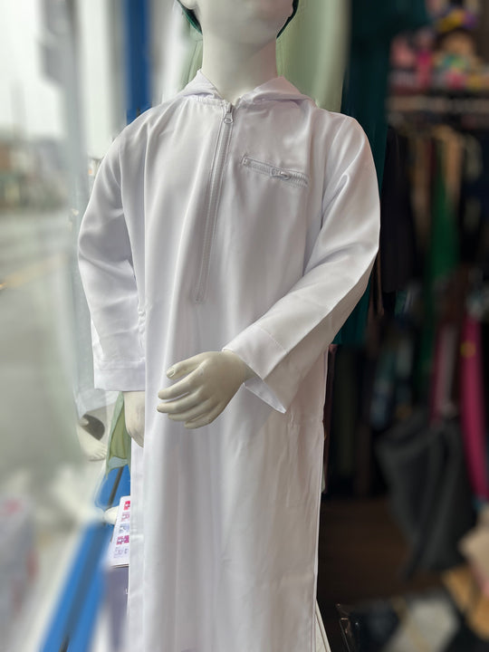 Hooded Winter Mens Thobe/Jubba with zip- White