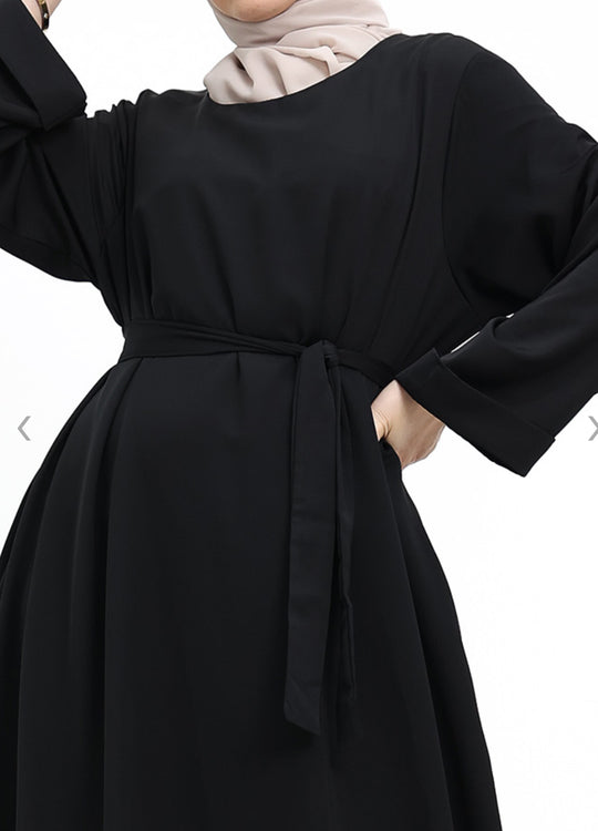 Fold Cuff Abaya with Belt and pockets - Black ZA414