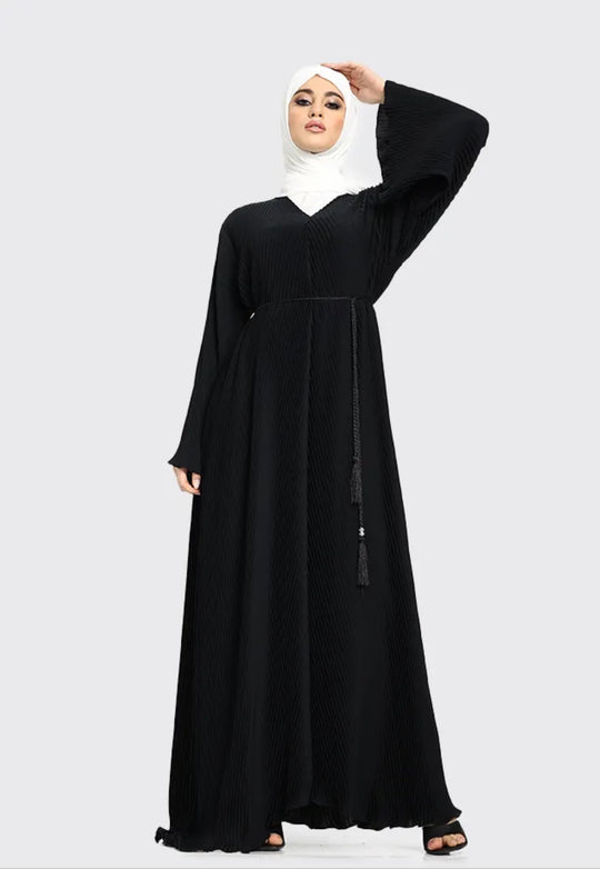 Pleated Abaya with Rope Belt in Black