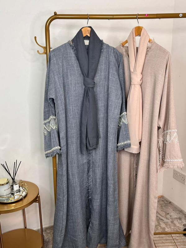 Linen Beaded Abaya with Hijab/ Scarf - Denim