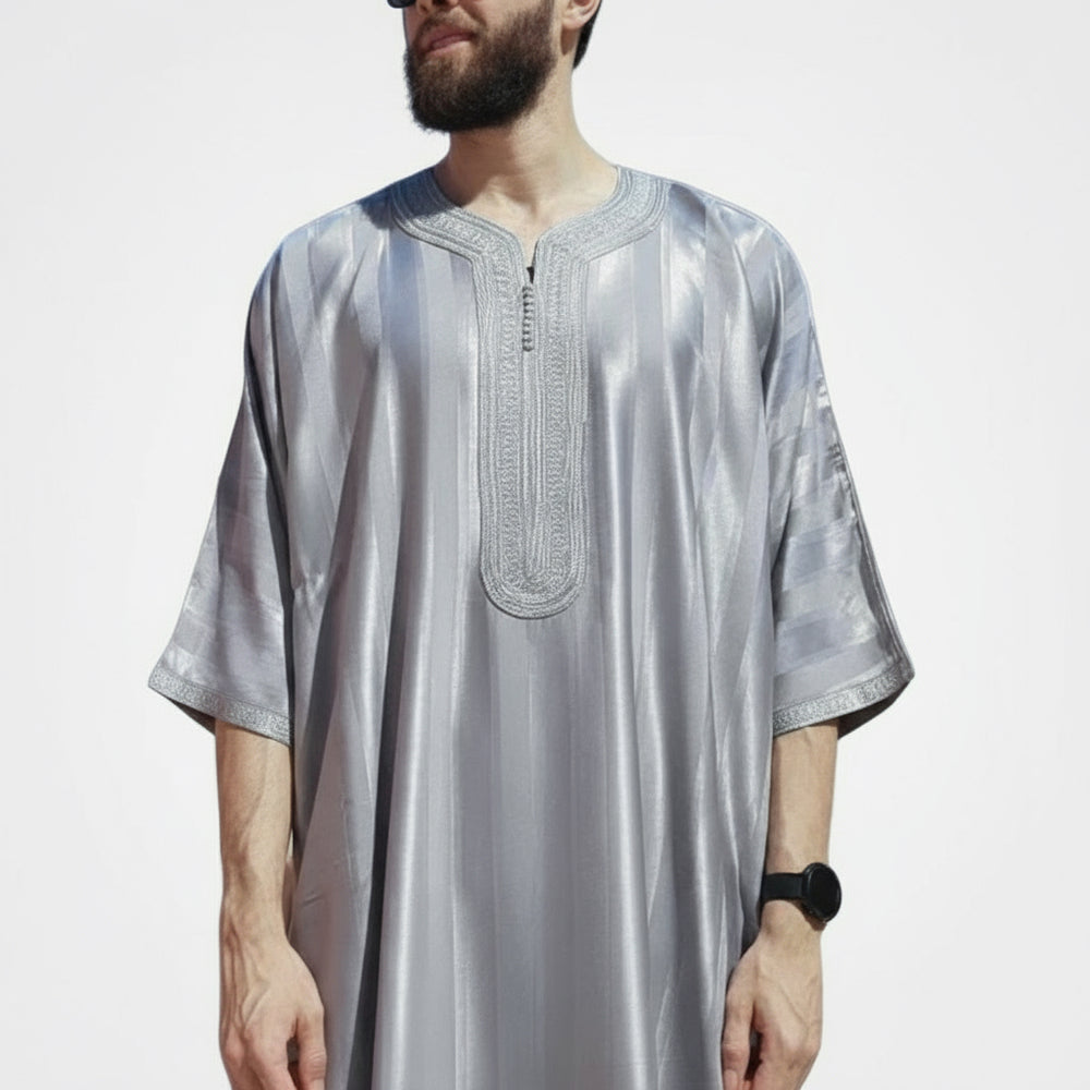 Moroccan Striped Half Sleeve Thobe/ Jubbah -Grey