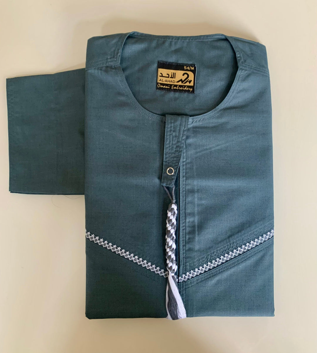 Embroidered Zip Emirati Thobe - Teal Al Ahad