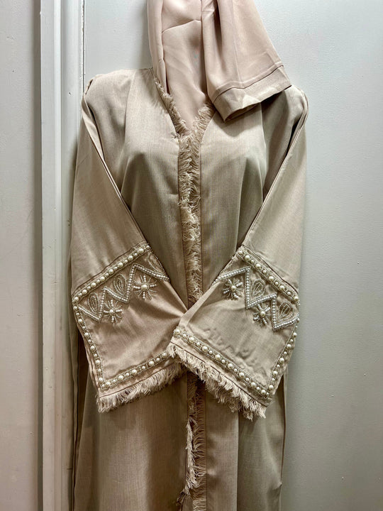 Linen Beaded Abaya with Hijab/ Scarf - Nude Blush