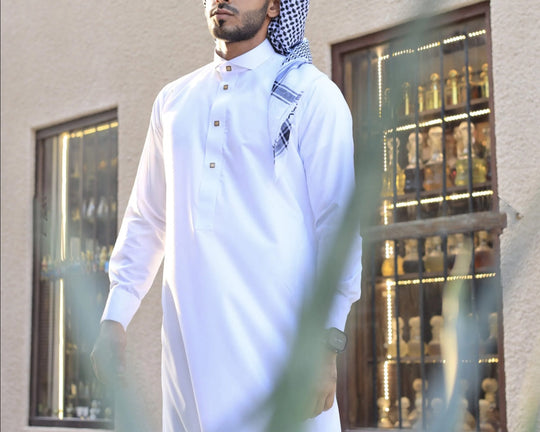 White Thobe With Gold Buttons Luxury Thobes by Al Aniq