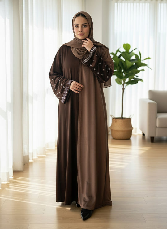 Elegant Velvet Open & close Abaya Brown