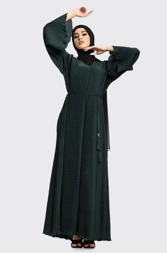 Pleated Abaya with Rope Belt in Green