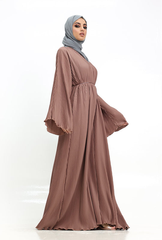 Pleated Abaya with Rope Belt in Mocha