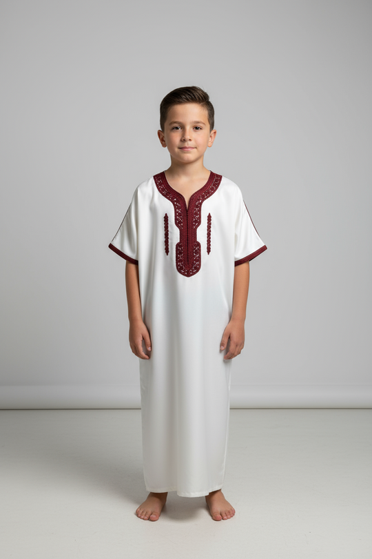 Boy’s Moroccan Thobe/Jubbah - Cream with Burgundy