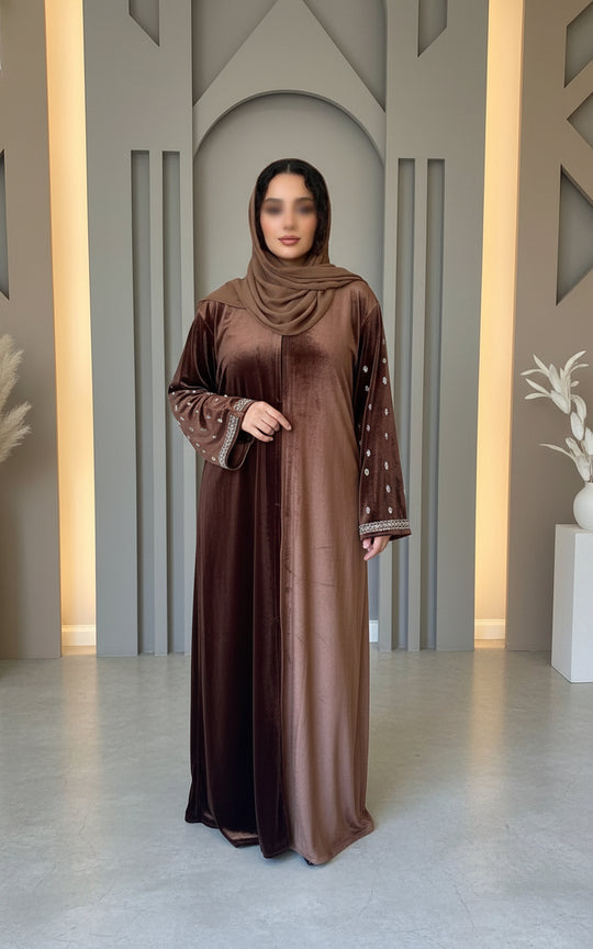 Elegant Velvet Open & close Abaya Brown