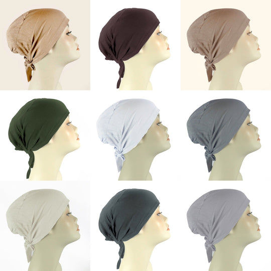 Plain Cotton tie back bonnets/ under scarf Cap - Black and Neutral shades