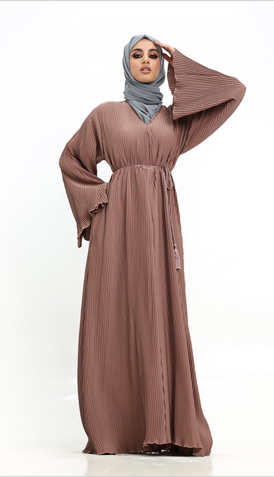 Pleated Abaya with Rope Belt in Mocha