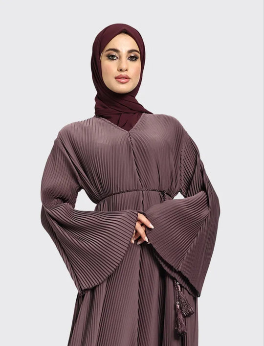 Pleated Abaya with Belt in Mauve