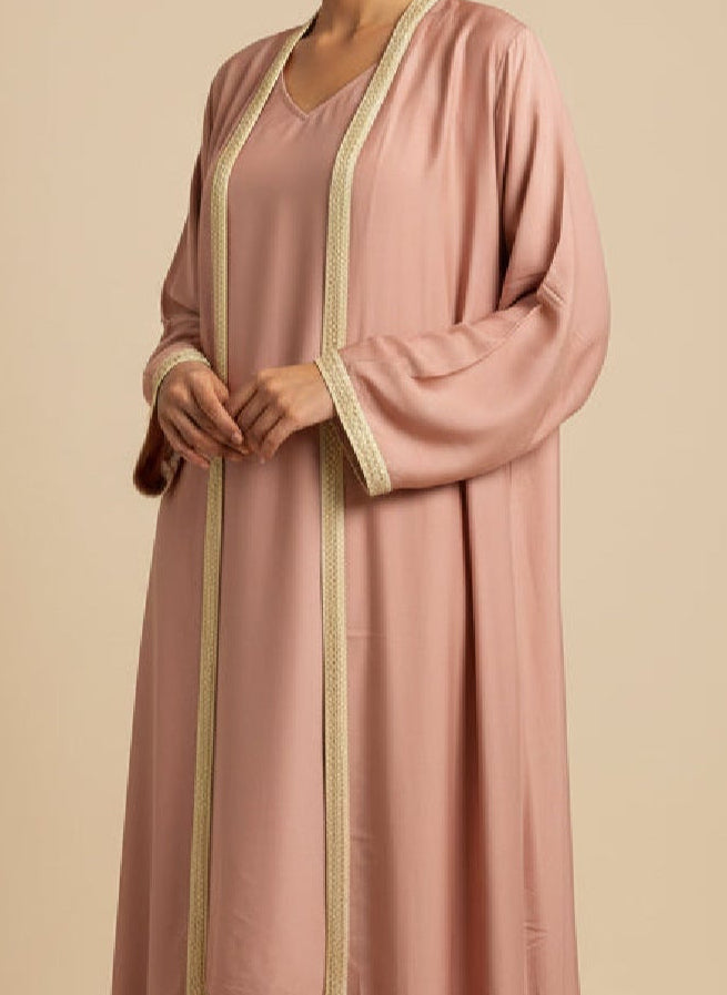 Alya Satin Abaya set in pink and beige