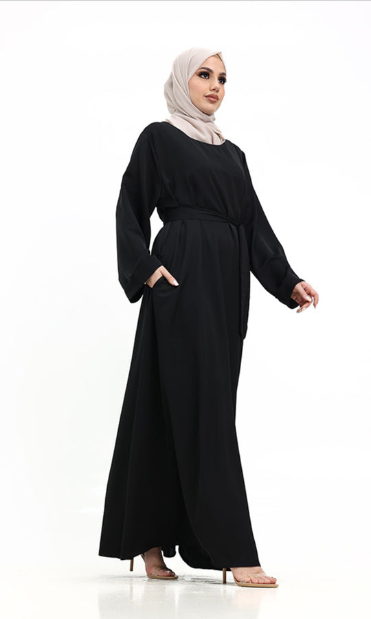 Fold Cuff Abaya with Belt and pockets - Black ZA414