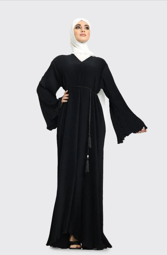 Pleated Abaya with Rope Belt in Black