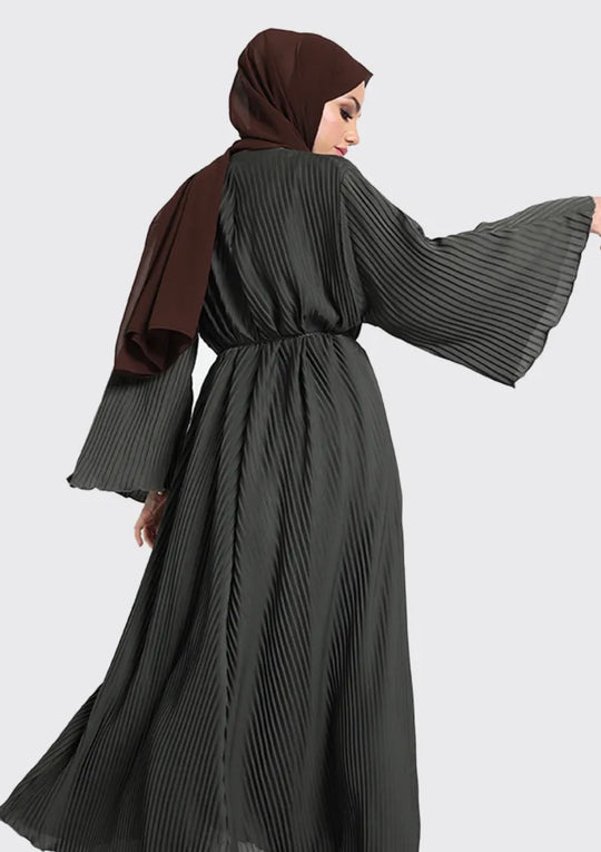 Pleated Abaya with Rope Belt in Khaki