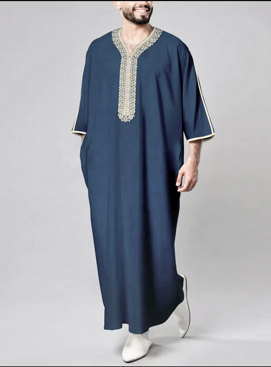 Moroccan Half Sleeve Thobe/ Jubba- Blue with Beige