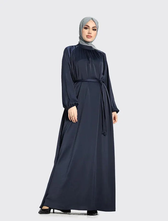 Mock Neck Satin Abaya - Navy