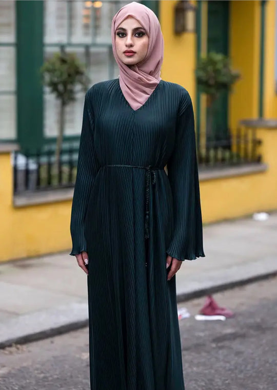 Pleated Abaya with Rope Belt in Green