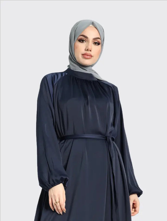 Mock Neck Satin Abaya - Navy